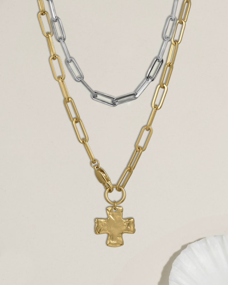 Chunky Love and Chunky Cross Necklace Set - Mixed Metals