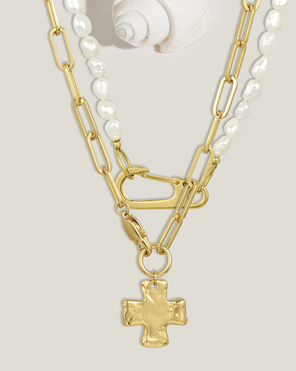 Chunky Cross and Pearl Lock Necklace Set
