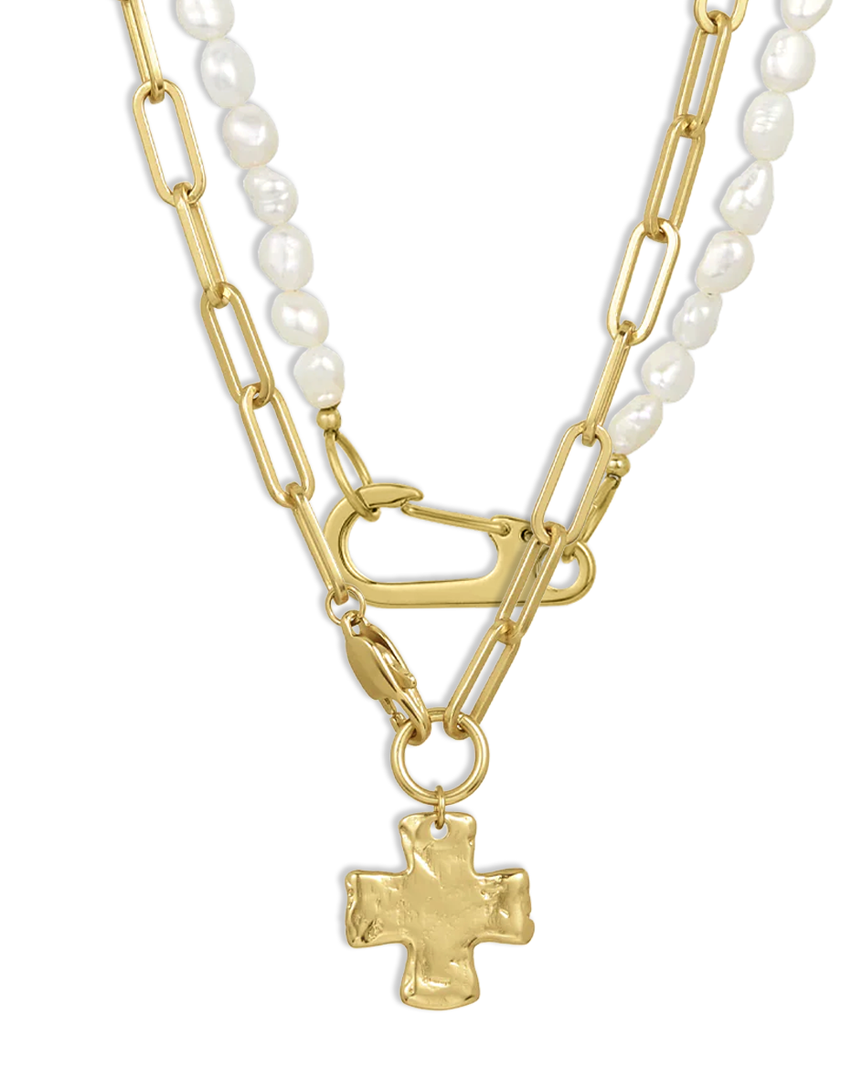 Chunky Cross and Pearl Lock Necklace Set