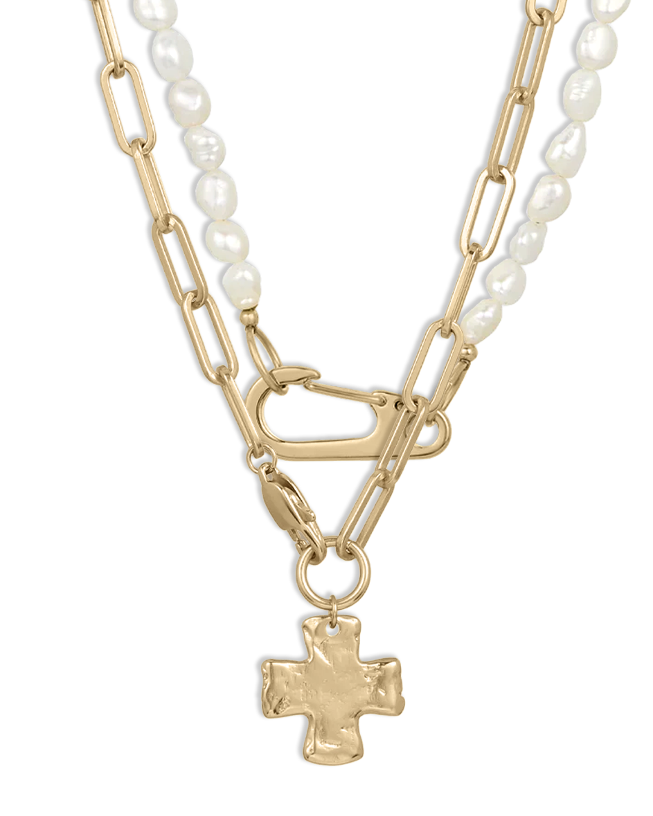 Chunky Cross and Pearl Lock Necklace Set – James Michelle Chunky Cross and Pearl Lock Necklace Set – James Michelle