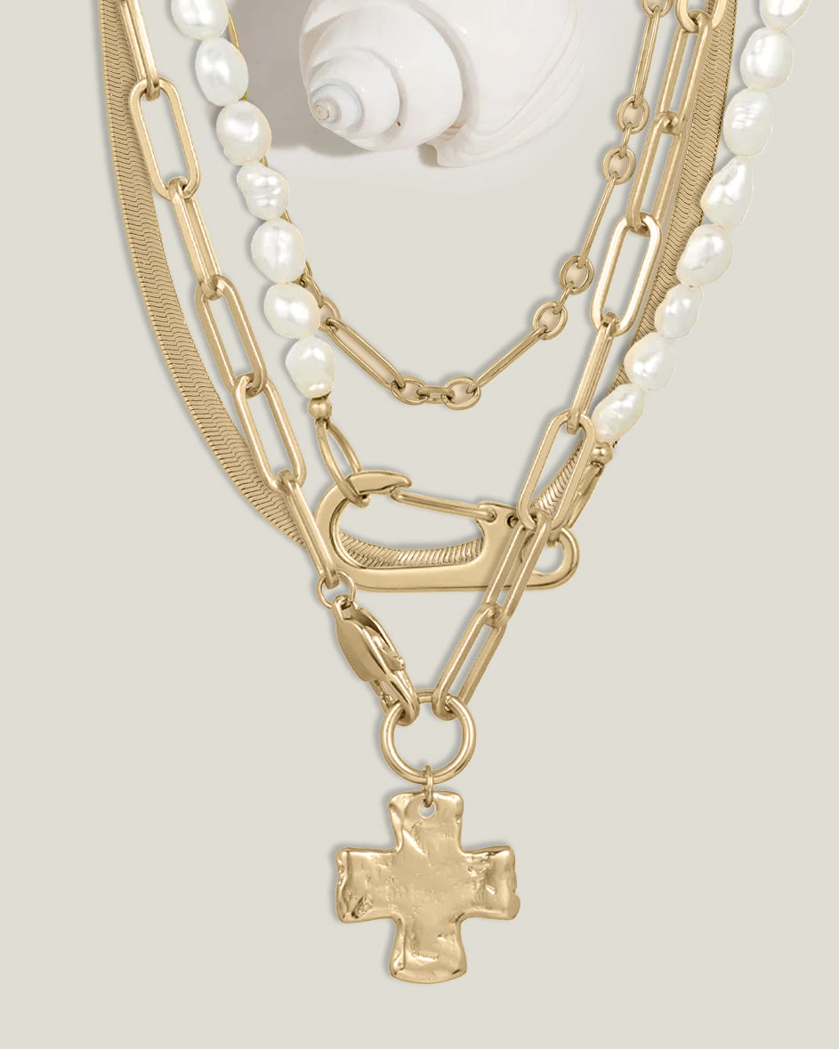 Pearl Mix Malti Chain Necklace（Gold） Chunky Cross and Pearl Lock Maximalist Set – James Michelle