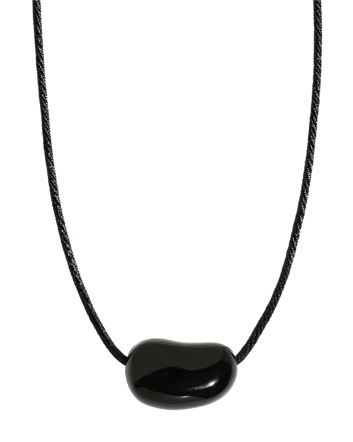 Black cord necklace with large polished black onyx bean-shaped pendant, white background