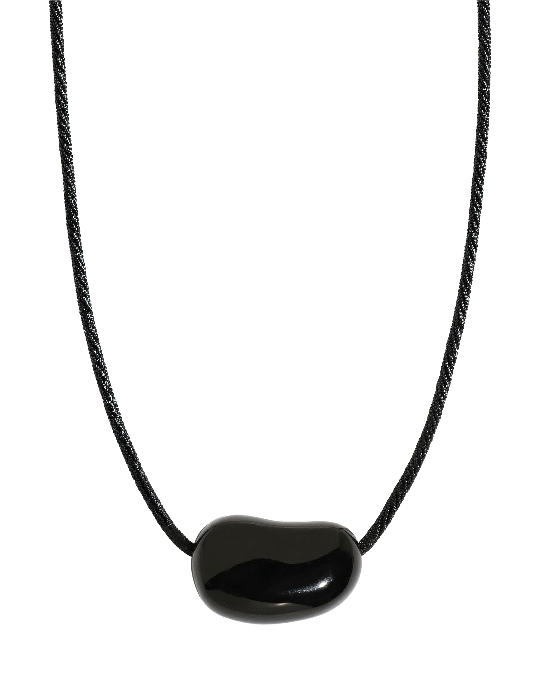 Black cord necklace with large polished black onyx bean-shaped pendant, white background