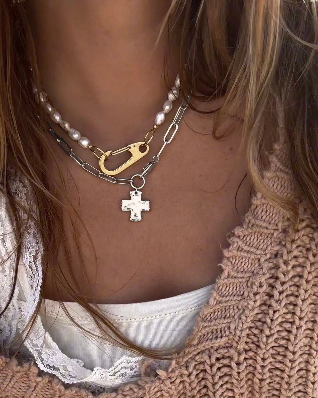 Chunky Cross and Pearl Lock Necklace Set - Mixed Metals