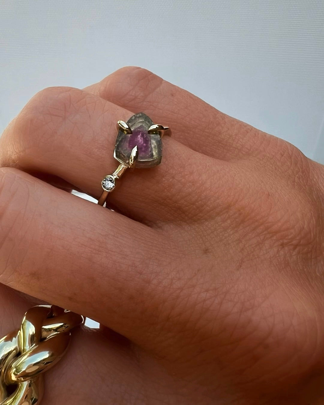 Gold watermelon tourmaline ring product lifestyle photo, variation 1