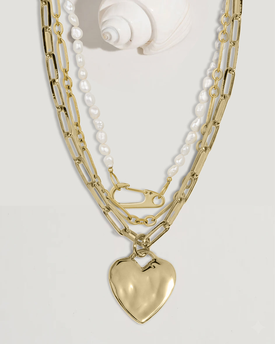 Chunky Heart and Pearl Lock Chain Set