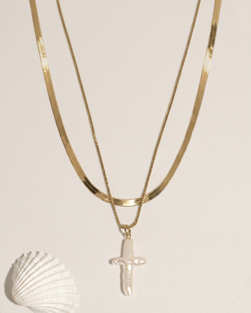 Pearl Cross Layered Necklace