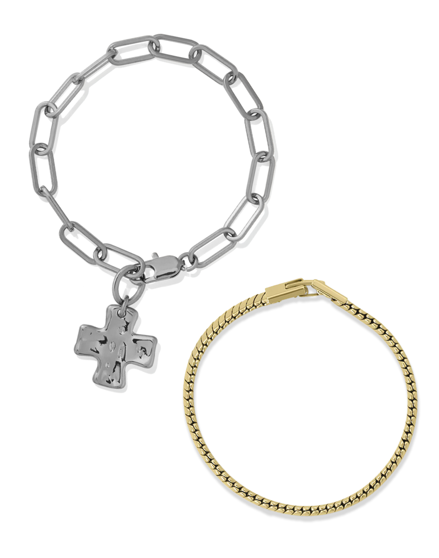 Chunky Cross Bracelet Set - Mixed Metals