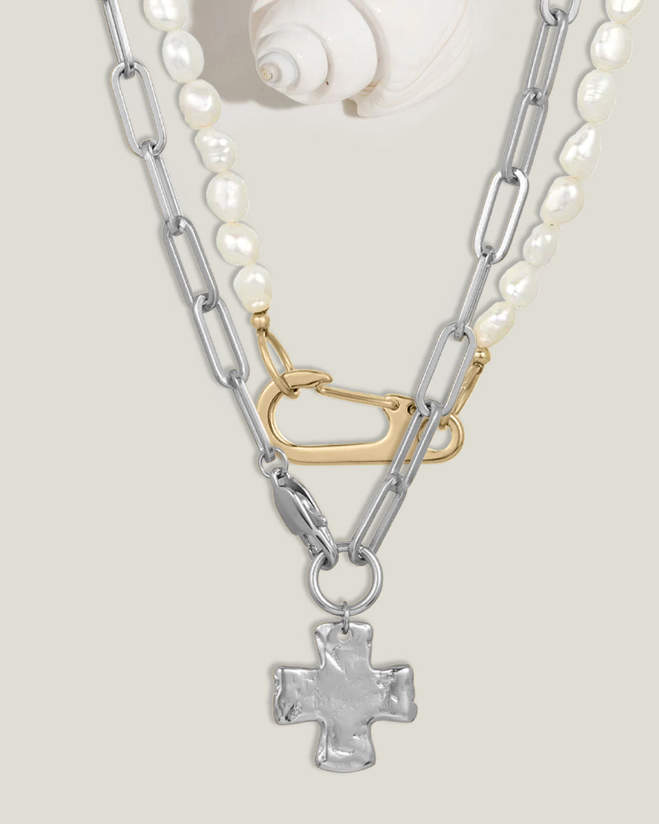 Chunky Cross and Pearl Lock Necklace Set - Mixed Metals